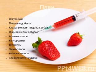 План Вступление Пищевые добавкиКлассификация пищевых добавокВиды пищевых добавок