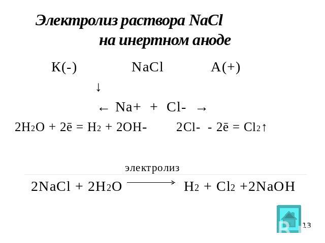 Электролиз раствора NaCl на инертном аноде К(-) NaCl А(+) ↓ ← Na+ + Cl- →2Н2О + 2ē = H2 + 2OH- 2Cl- - 2ē = Cl2↑ электролиз 2NaCl + 2H2O H2 + Cl2 +2NaOH