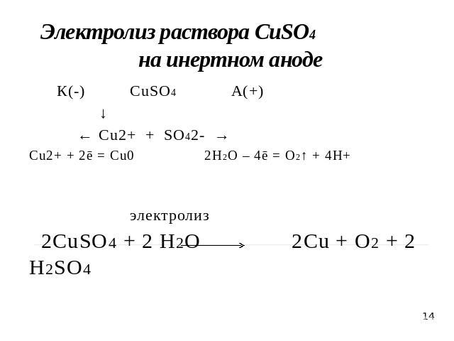 Электролиз раствора CuSO4 на инертном аноде К(-) CuSO4 А(+)↓ ← Cu2+ + SO42- →Cu2+ + 2ē = Cu0 2H2O – 4ē = O2↑ + 4H+ электролиз 2CuSO4 + 2 H2O 2Cu + O2 + 2 H2SO4
