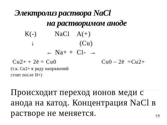 Электролиз раствора NaCl на растворимом аноде К(-) NaClА(+) ↓ (Cu) ← Na+ + Cl- → Cu2+ + 2ē = Cu0 Cu0 – 2ē =Cu2+(т.к. Cu2+ в ряду напряжений стоят после H+)Происходит переход ионов меди с анода на катод. Концентрация NaCl в растворе не меняется.