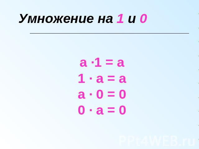 Умножение на 1 и 0 а ∙1 = а1 ∙ а = аа ∙ 0 = 00 ∙ а = 0