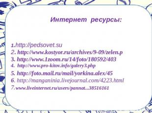 Интернет ресурсы:1.http://pedsovet.su2. http://www.kostyor.ru/archives/9-09/zele