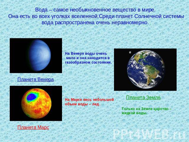 Вода – самое необыкновенное вещество в мире. Она есть во всех уголках вселенной.Среди планет Солнечной системывода распространена очень неравномерно. На Венере воды очень мало и она находится в газообразном состоянии. Планета Венера Планета Марс На …