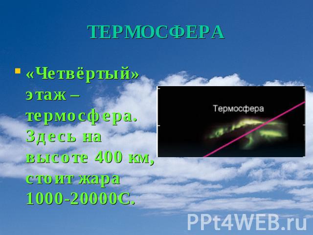 ТЕРМОСФЕРА «Четвёртый» этаж – термосфера. Здесь на высоте 400 км, стоит жара 1000-20000С.