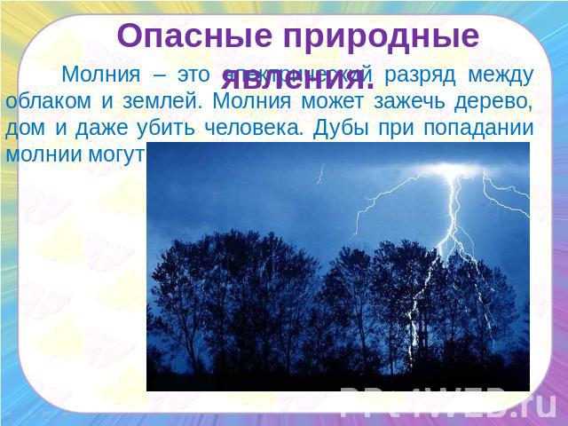 Опасные природные явления. Молния – это электрический разряд между облаком и землей. Молния может зажечь дерево, дом и даже убить человека. Дубы при попадании молнии могут сбрасывать свою листву.