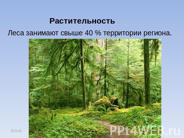 Растительность Леса занимают свыше 40 % территории региона.10% -луга , 30% - пашня