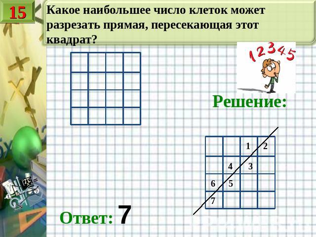 Какое наибольшее число клеток может разрезать прямая, пересекающая этот квадрат? Решение: Ответ: 7
