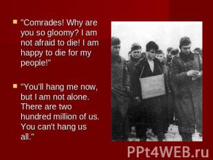 "Comrades! Why are you so gloomy? I am not afraid to die! I am happy to die for