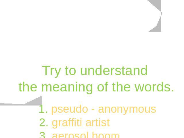Try to understand the meaning of the words. 1. pseudo - anonymous 2. graffiti artist 3. aerosol boom 4. politics 5. culture 6. satirical 7. anarcho - punk