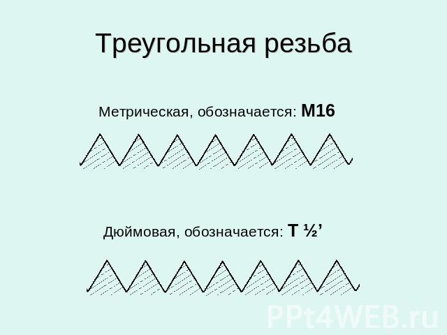 Треугольная резьба Метрическая, обозначается: М16 Дюймовая, обозначается: Т ½’