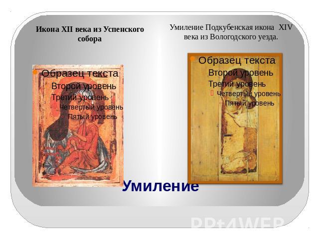 Икона XII века из Успенского собора Умиление Подкубенская икона XIV века из Вологодского уезда. Умиление
