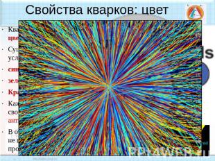 Свойства кварков: цвет Кварки имеют свойство, называемое цветовой заряд. Существ