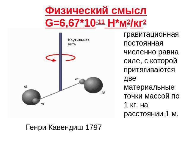 Физический смыслG=6,67*10-11 Н*м2/кг2 гравитационная постоянная численно равна силе, с которой притягиваются две материальные точки массой по 1 кг. на расстоянии 1 м. Генри Кавендиш 1797