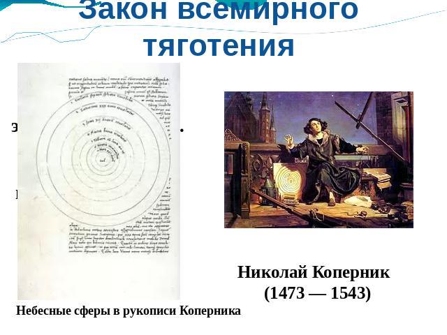 Закон всемирного тяготения Небесные сферы в рукописи Коперника Николай Коперник (1473 — 1543)