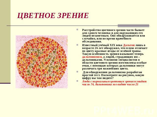 ЦВЕТНОЕ ЗРЕНИЕ Расстройство цветового зрения часто бывает для самого человека и для окружающих его людей незаметным. Оно обнаруживается или случайно, или во время врачебного обследования. Известный учёный XIX века Дальтон лишь в возрасте 26 лет обна…