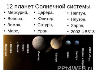 12 планет Солнечной системы Меркурий, Венера, Земля, Марс, Церера, Юпитер, Сатур