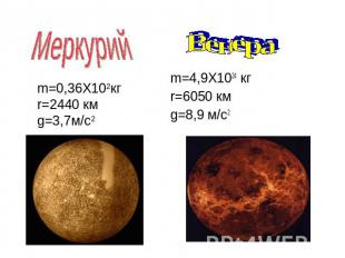 Меркурий m=0,36X102кгr=2440 кмg=3,7м/с2 Венера m=4,9X1024 кгr=6050 кмg=8,9 м/с2