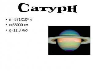 Сатурн m=571X1024 кгr=58000 кмg=11,3 м/с2