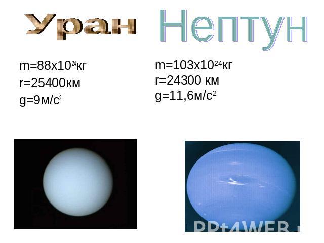 Уран m=88x1024кгr=25400кмg=9м/с2 Нептун m=103x1024кгr=24300 кмg=11,6м/с2