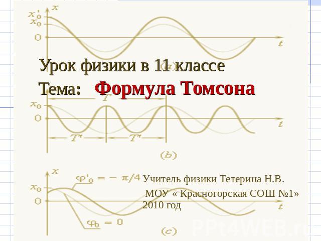 Урок физики в 11 классеТема: Формула Томсона Учитель физики Тетерина Н.В. МОУ « Красногорская СОШ №1» 2010 год