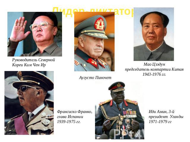 Лидер-диктатор Руководитель Северной Кореи Ким Чен Ир Аугусто Пиночет Мао Цзэдунпредседатель компартии Китая1943-1976 гг. Франсиско Франко,глава Испании1939-1975 гг. Иди Амин, 3-й президент Уганды1971-1979 гг